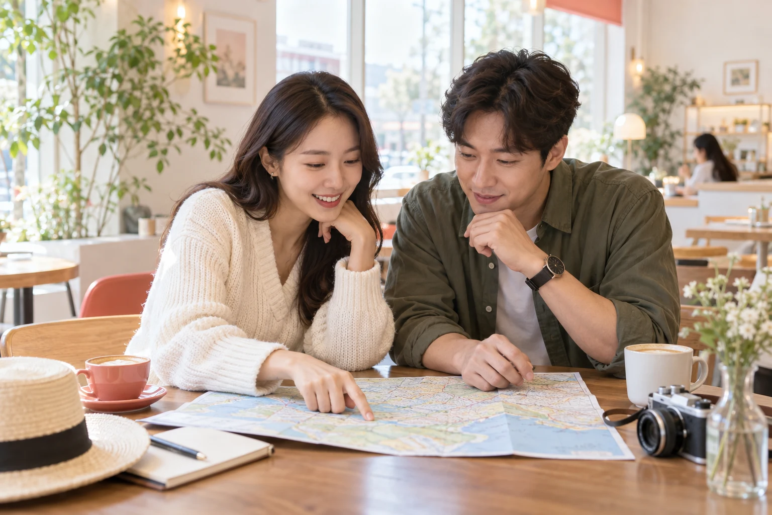 성인 두 사람이 지도를 보며 대화하는 AI 학습 장면