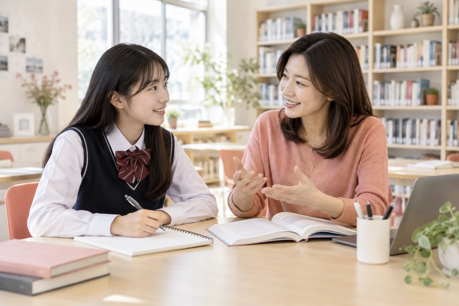 청소년과 교사가 함께 이야기하는 AI 학습 장면