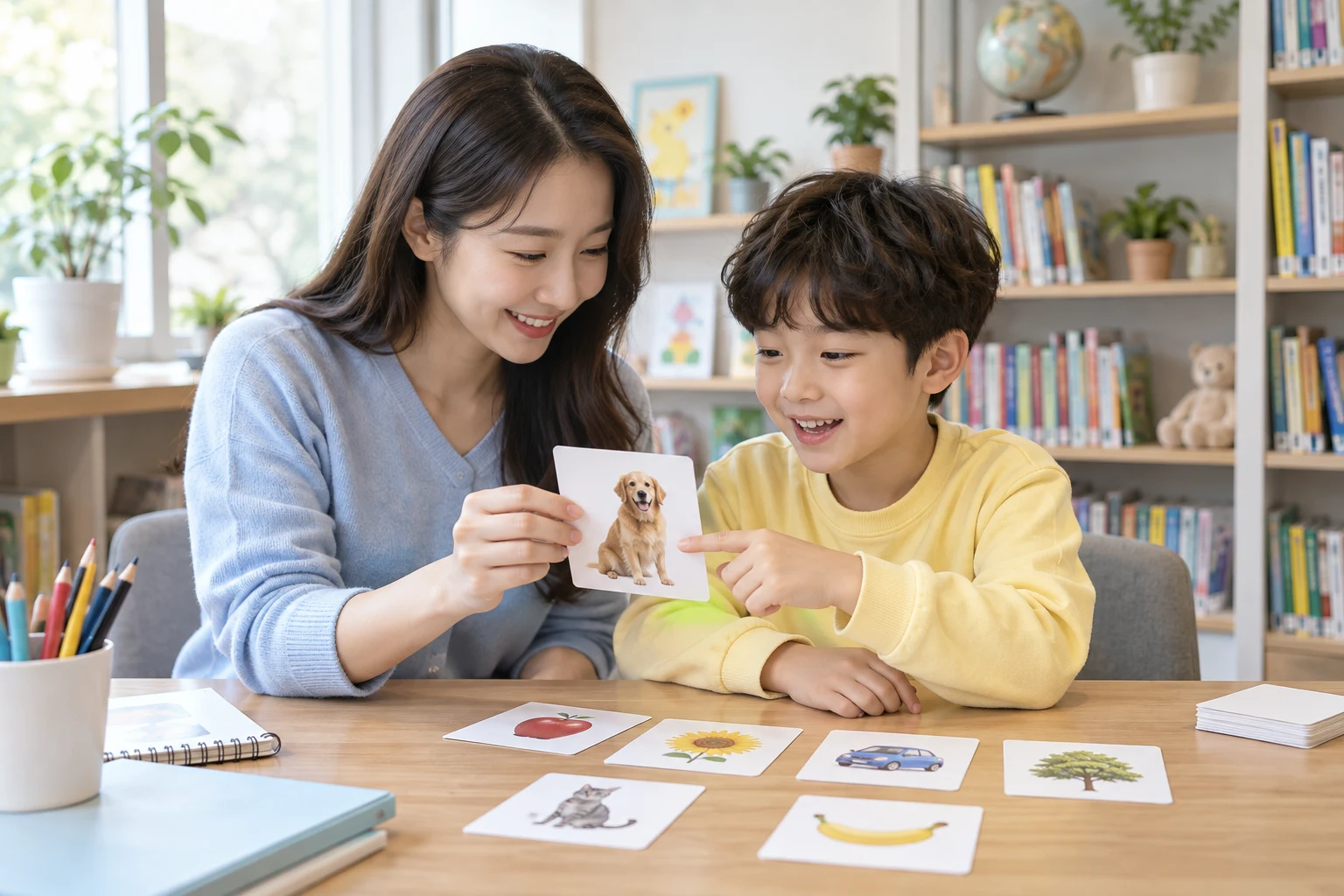 초등학생과 교사가 영어 그림카드를 사용하는 AI 이미지