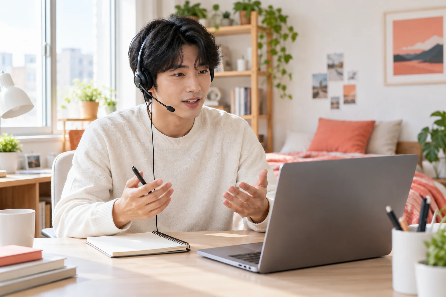헤드셋을 착용하고 말하기를 연습하는 AI 이미지